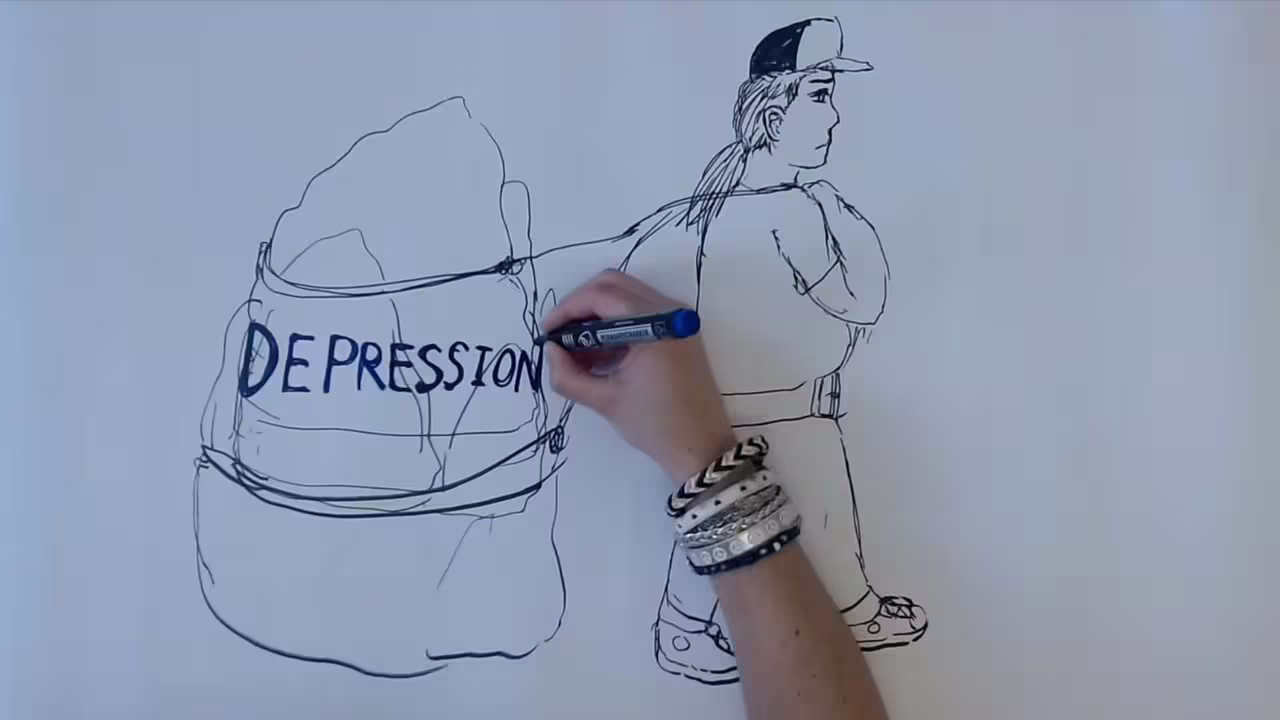 Schwarz-weiß-Zeichnung: Schüler zieht einen Fels mit der Beschriftung „Depression“, Filmstill aus „Unsere Welt Depression“